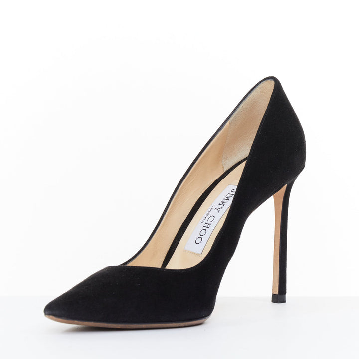 JIMMY CHOO Romy 100 classic black calf suede pointed toe stiletto pumps EU36 US6