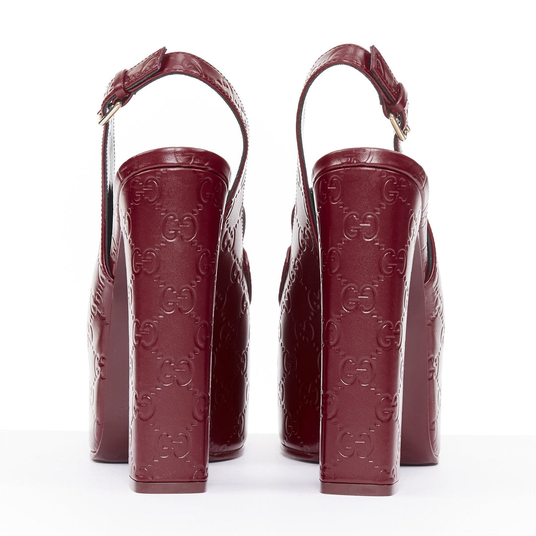 GUCCI 2024 Runway Ottavia burgundy GG embossed leather chunky platform heel EU38