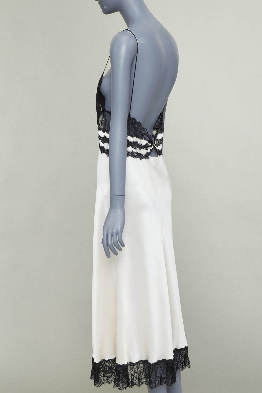 SAINT LAURENT 2022 Runway Bridal black lace ivory silk satin slip dress FR36 S