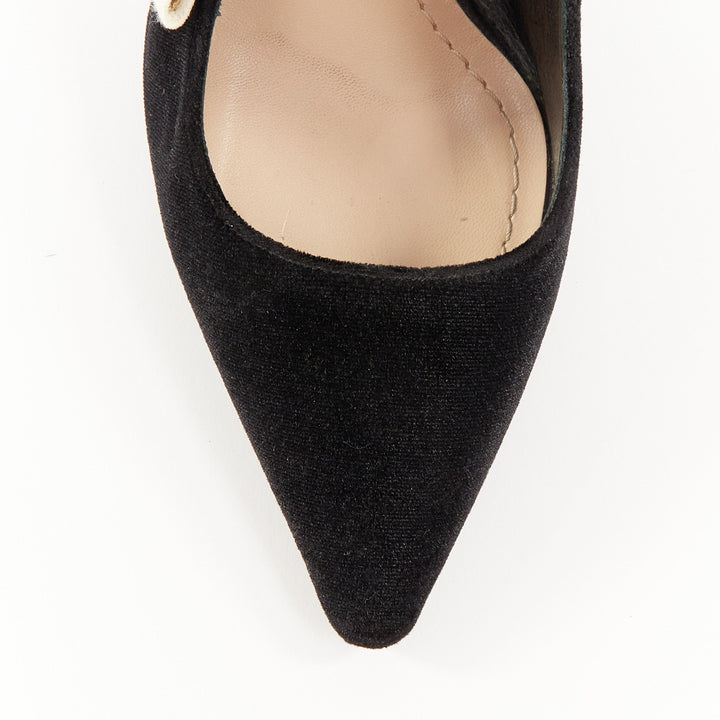CHRISTIAN DIOR 2017 JAdior black velvet embroidered ribbon slingback pumps EU37D