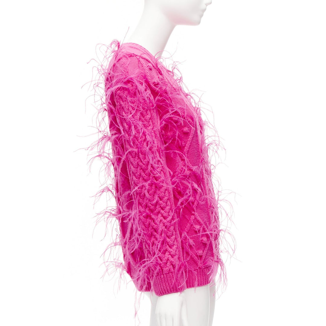 rare VALENTINO PP Pink wool feather embellished mixed cable knit sweater XS