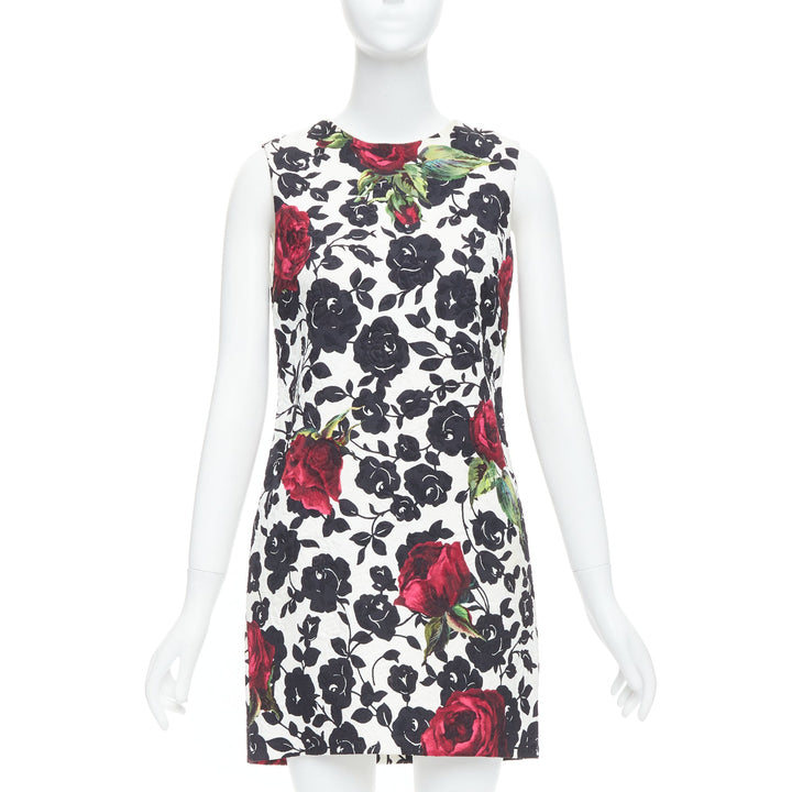 DOLCE GABBANA white red rose floral jacquard crew shift dress IT42 M