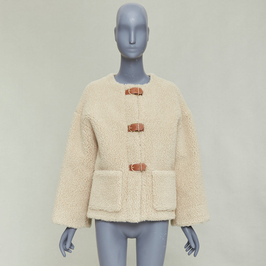 CELINE Teddy ecru cashmere silk brown calfskin leather trim buckled coat FR34 XS