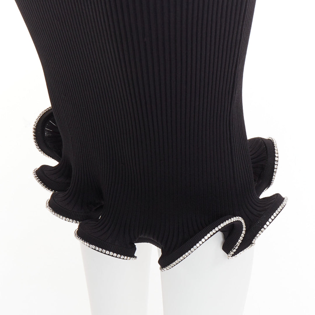 ALEXANDRE VAUTHIER black ribbed knit silver strass crystal flounce ruffle skirt
