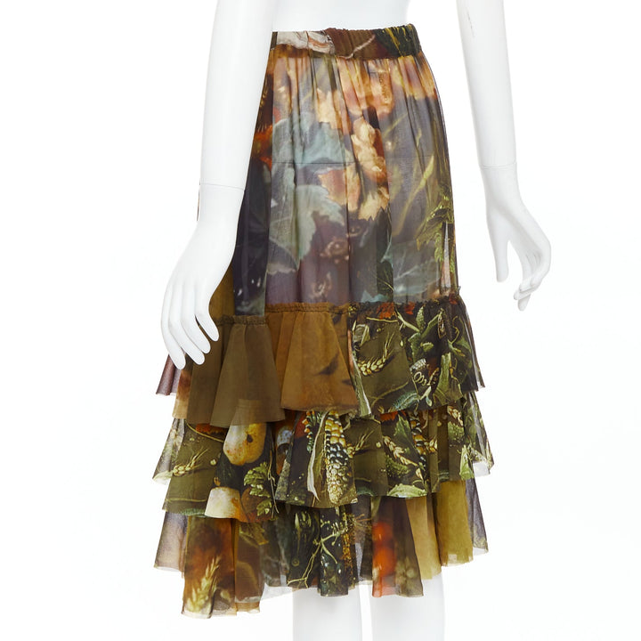 rare COMME DES GARCONS 2018 Vertumnus brown painting sheer chiffon tier skirt S