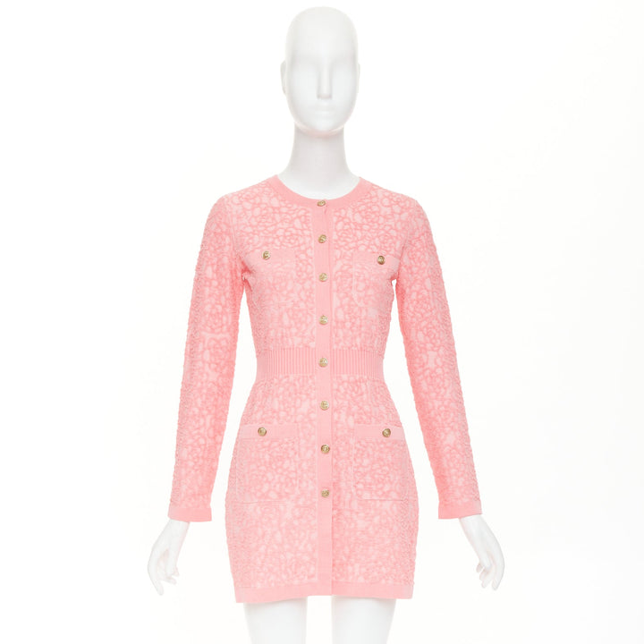 CHANEL 21C light pink embossed camelia boucle intarsia knit mini dress FR36 S