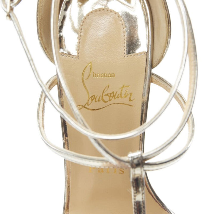CHRISTIAN LOUBOUTIN Blakissima metallic silver bow t-strap sandals EU37.5