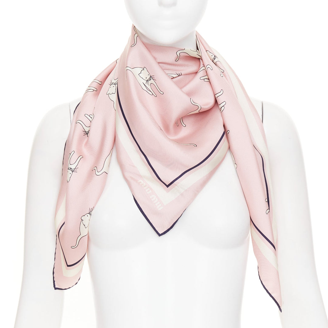 MIU MIU 2020 Whimsical Animal Cat Print silk twill light pink black  large scarf