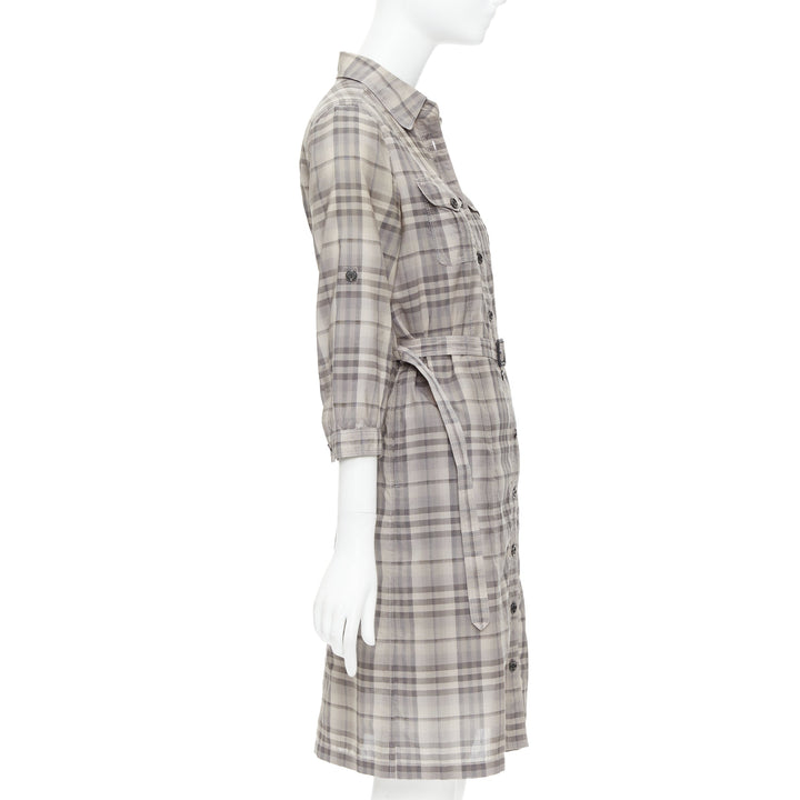 BURBERRY House Check beige cotton cowhide belted shirt dress IT38 XS