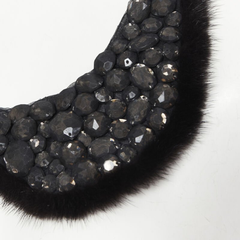 FENDI black mesh jewel embellished fur chain self tie collar necklace