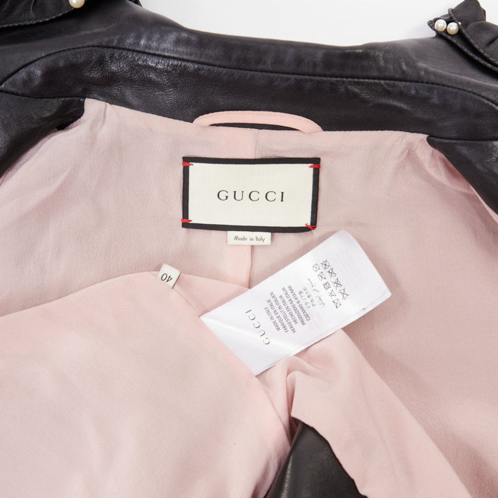 GUCCI 2016 black lambskin leather faux pearl ruffle collar biker jacket IT40 S