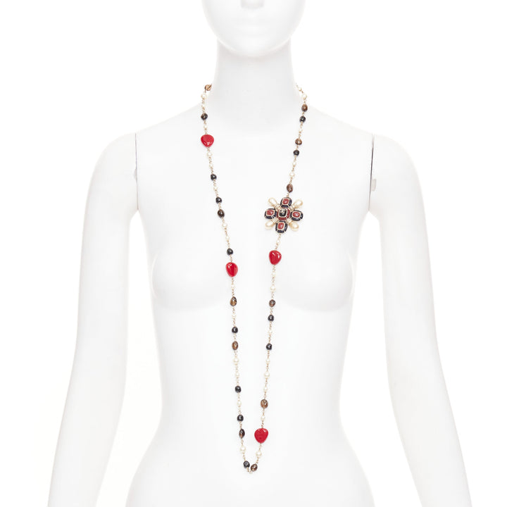CHANEL A14C black red gripoix enamel Maltese cross CC pearl sautoir necklace