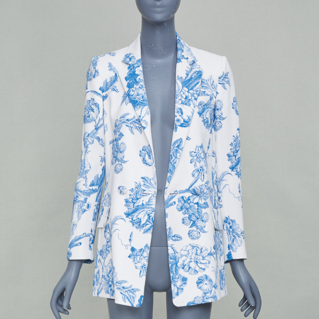OSCAR DE LA RENTA R19 ivory blue floral toile silk blend blazer jacket US0 XS