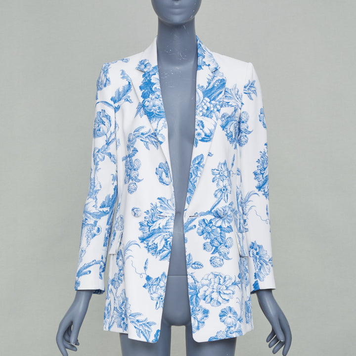 OSCAR DE LA RENTA R19 ivory blue floral toile silk blend blazer jacket US0 XS