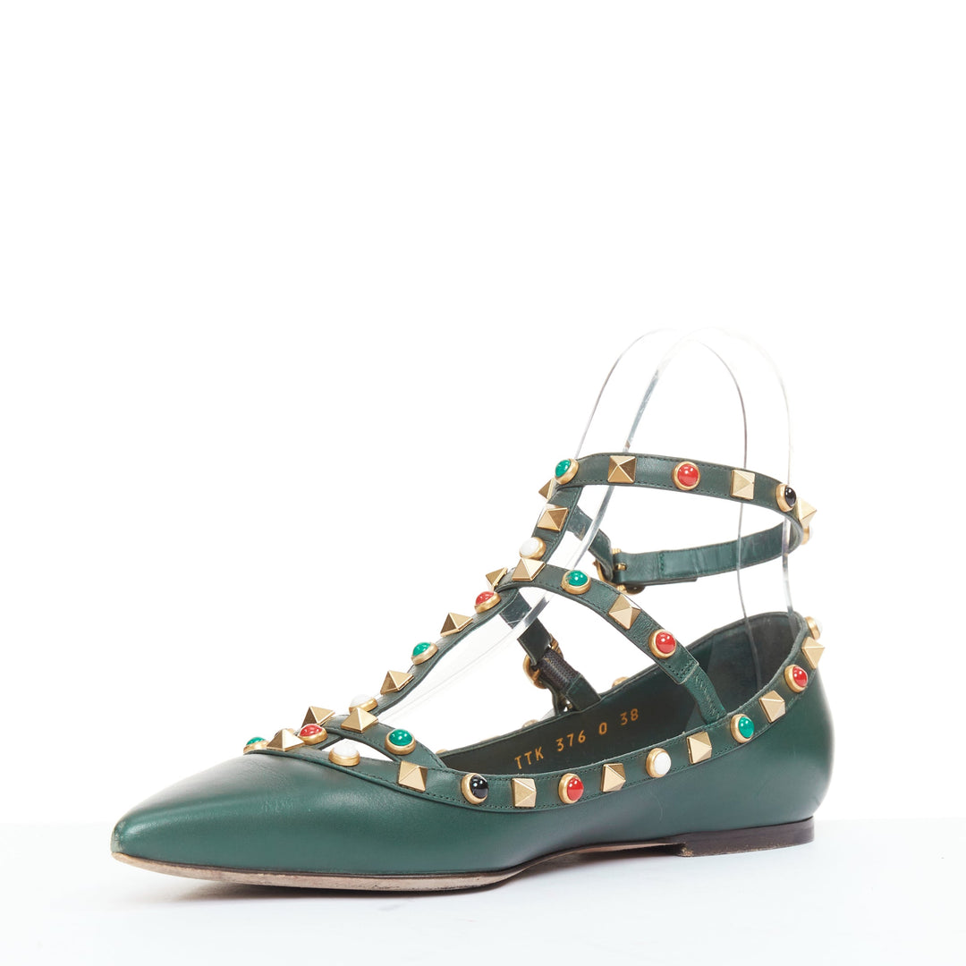 VALENTINO Rolling Rockstud green multicolor gold stud caged ballerina flats EU38