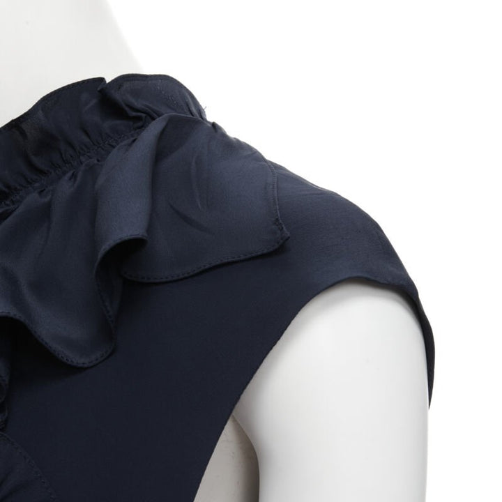 MARNI navy blue silk crepe cross ruffle trim knee lenth dress IT40 S