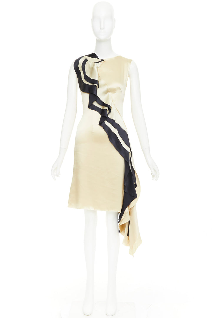 RODARTE 100%  silk champagne black cascade ruffle bias cut cocktail dress US2 S