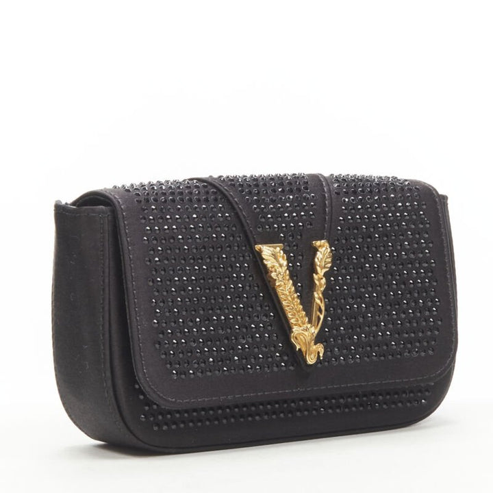 VERSACE Virtus Barocco black crystal embellished flap crossbody clutch bag