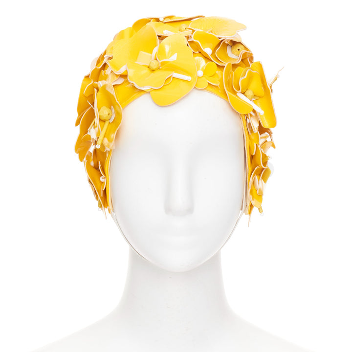 MIU MIU 2017 Runway yellow patent leather petals beaded retro swim cap hat S