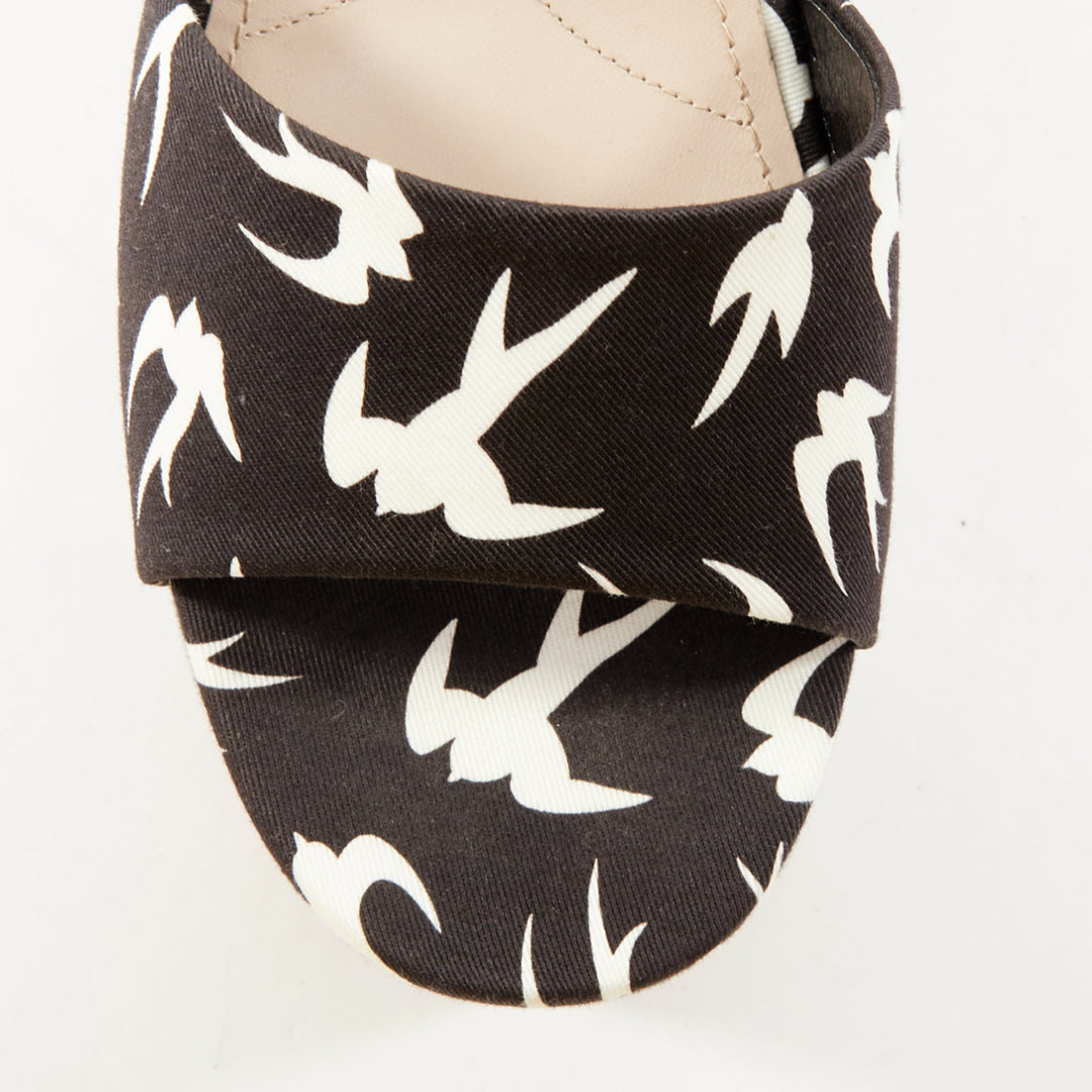 MIU MIU 2010 Runway swallow print navy canvas open toe platform wedge EU39