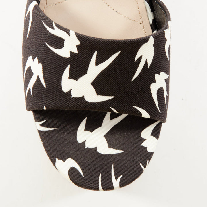 MIU MIU 2010 Runway swallow print navy canvas open toe platform wedge EU39