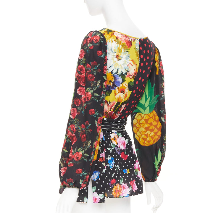 DOLCE GABBANA 2021 Runway patchwork floral pineapple polka dot silk top IT38 XS