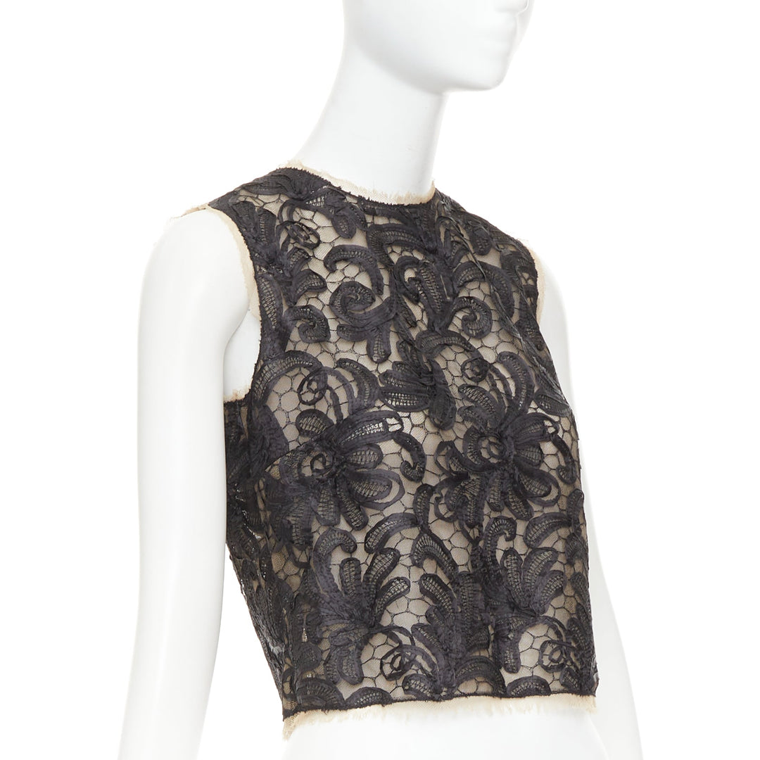 DOLCE GABBANA black nude overlay applique lace crew neck crop top IT40 S