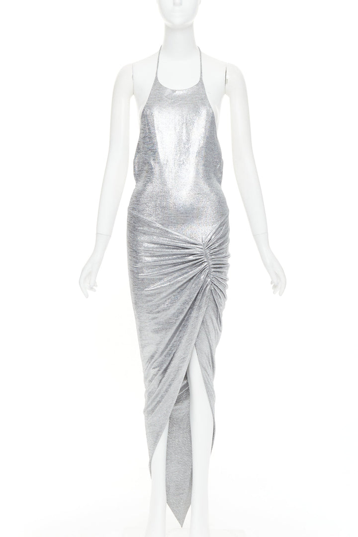 ALEXANDRE VAUTHIER platinum metallic coated jersey halter backless dress FR38 M