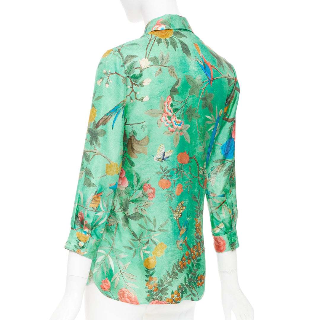 GUCCI 2016 Tian print chinoiserie bird floral silk pussy bow blouse top IT38 XS