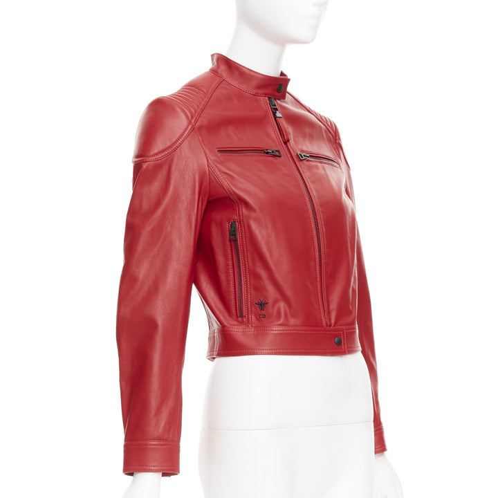 DIOR Royaume d'Amour red leather laser cut moto biker jacket FR34 XS
