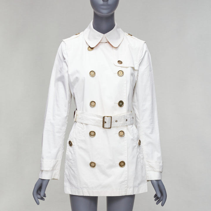 BURBERRY BRIT cream cotton metal logo buttons short trench coat UK10 M