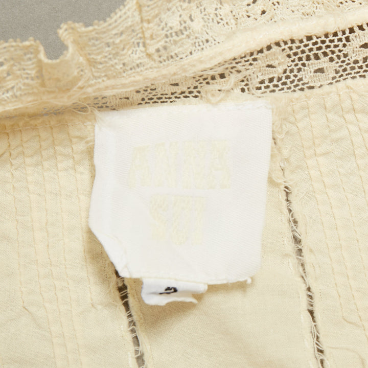 ANNA SUI Vintage cream embroidered floral eyelet lace ruffle peasant top US2 S