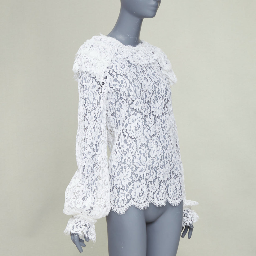 CHANEL 2017 Paris-Cosmopolite white open weave lace ruffle shirt blouse FR38 M