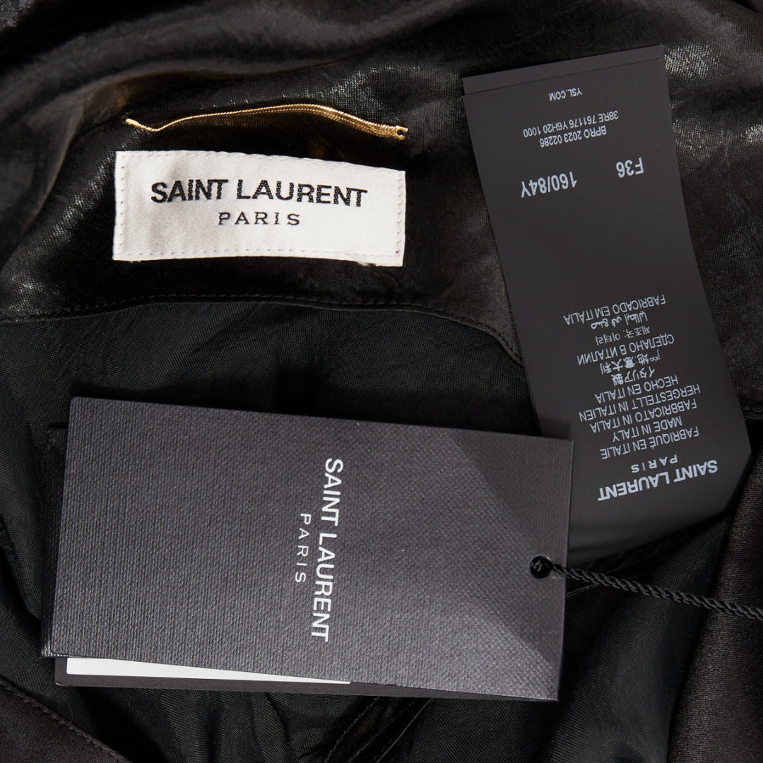 SAINT LAURENT 2023 Runway black satin plunge neck cowl open back dress FR36 S