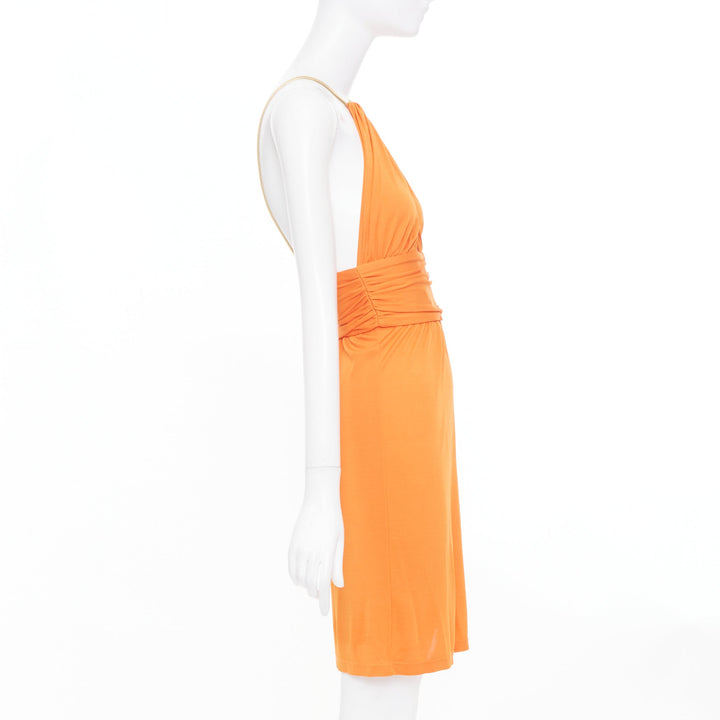 CELINE Vintage orange gold leather trim halter viscose apparel dress FR36 S