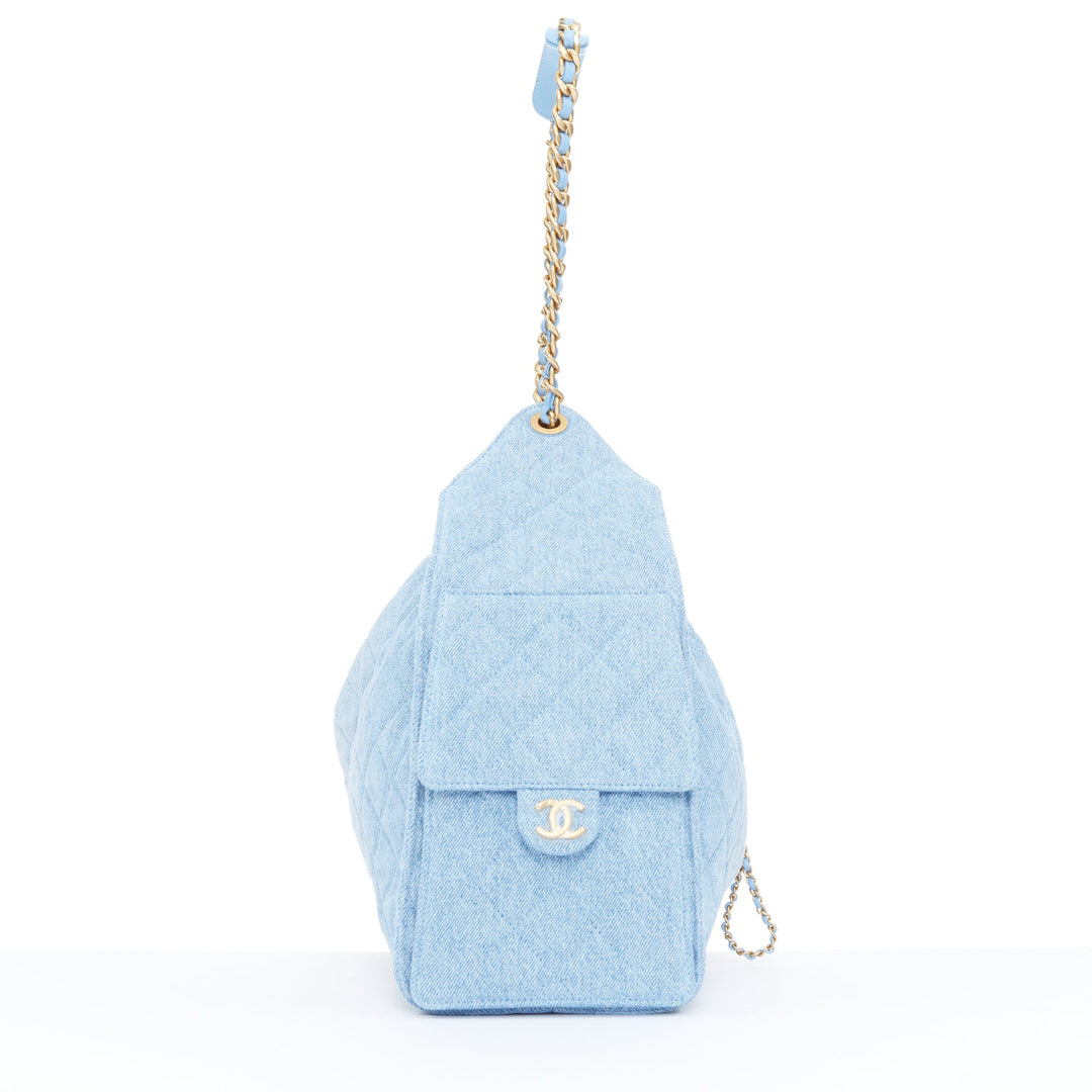 CHANEL Runway 25 Small light blue washed denim gold hardware bucket hobo bag
