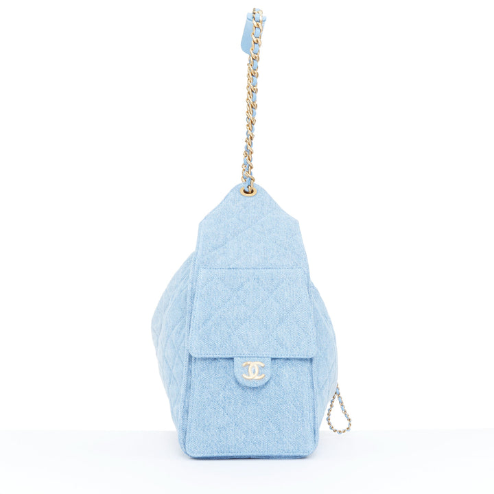 CHANEL Runway 25 Small light blue washed denim gold hardware bucket hobo bag