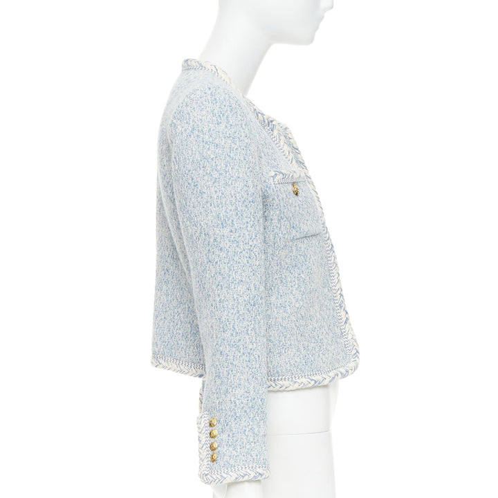 CELINE 2023 baby blue white wool cotton boucle tweed trim jacket FR36 S
