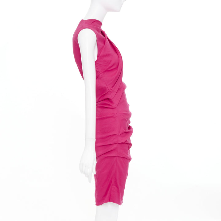 LANVIN 2014 hot pink linen draped asymmetric shoulder cocktail dress FR38 M
