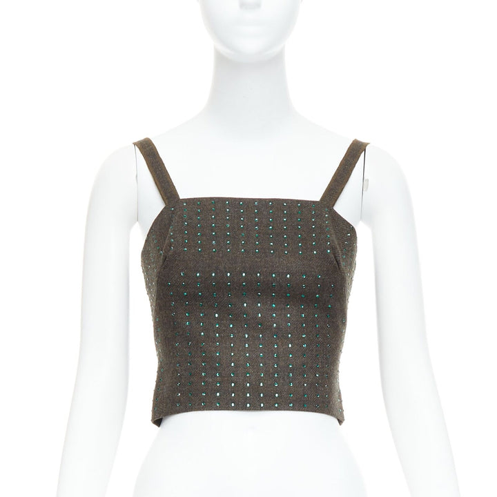 MIU MIU Vintage 1998 Runway fleece wool green crystal bustier top IT38 XS