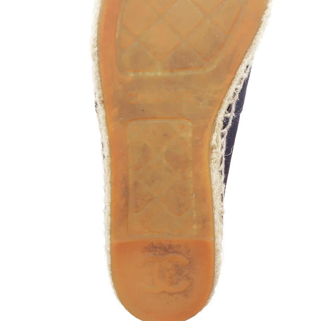 CHANEL navy lambskin leather CC logo applique jute espadrille shoes EU37