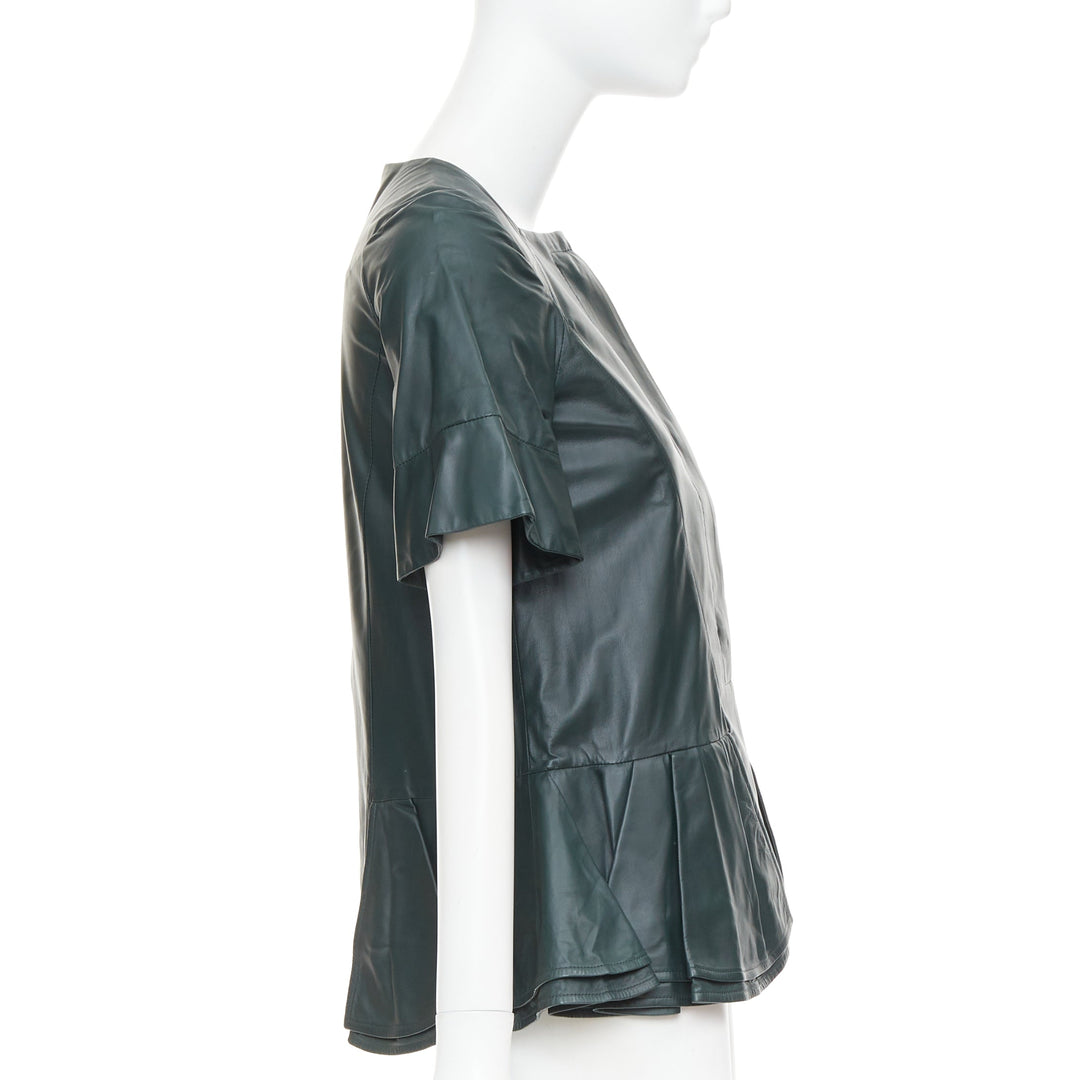MARNI dark green nappa lamb leather panelled ruffled peplum jacket IT38 XS