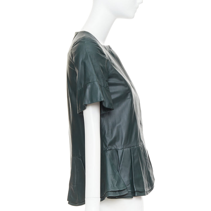 MARNI dark green nappa lamb leather panelled ruffled peplum jacket IT38 XS