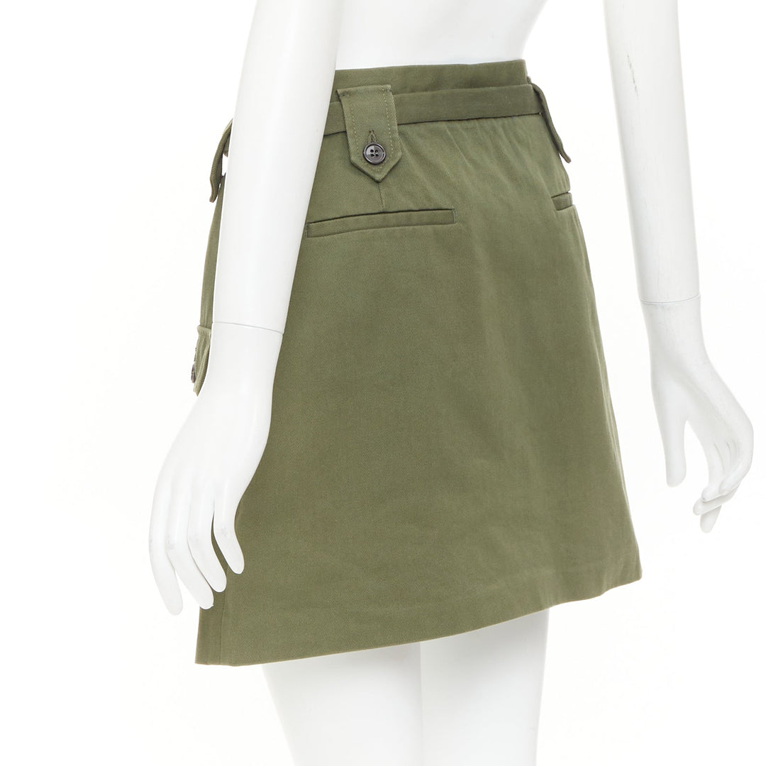 MIU MIU 2019 green cotton gabardine silver logo buckle utility skirt IT38 XS