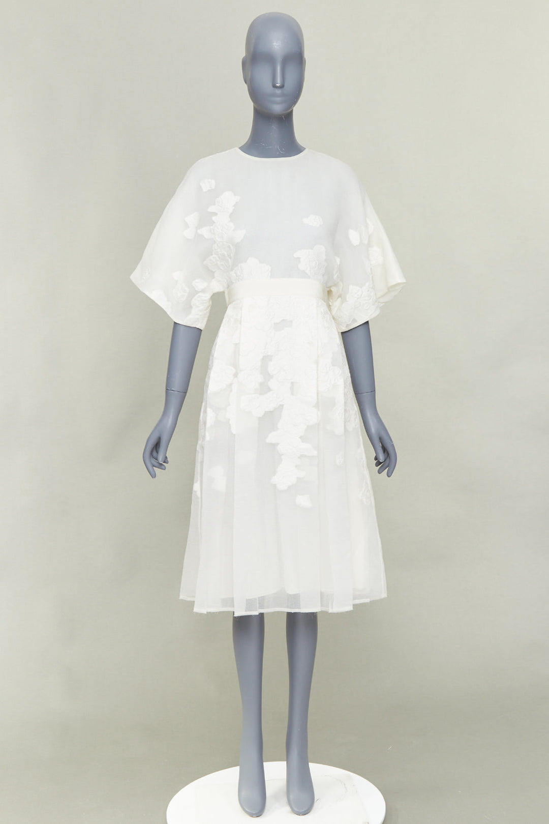 GIAMBATTISTA VALLI ivory cotton silk  floral cloque pleated midi dress IT40 XS