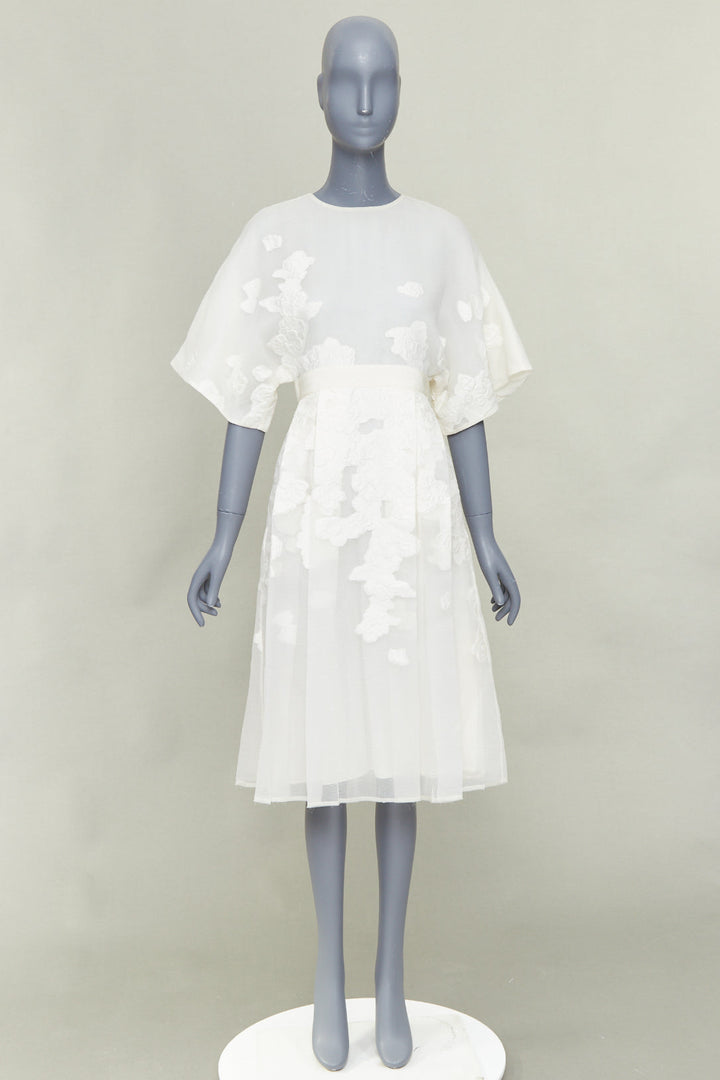 GIAMBATTISTA VALLI ivory cotton silk  floral cloque pleated midi dress IT40 XS