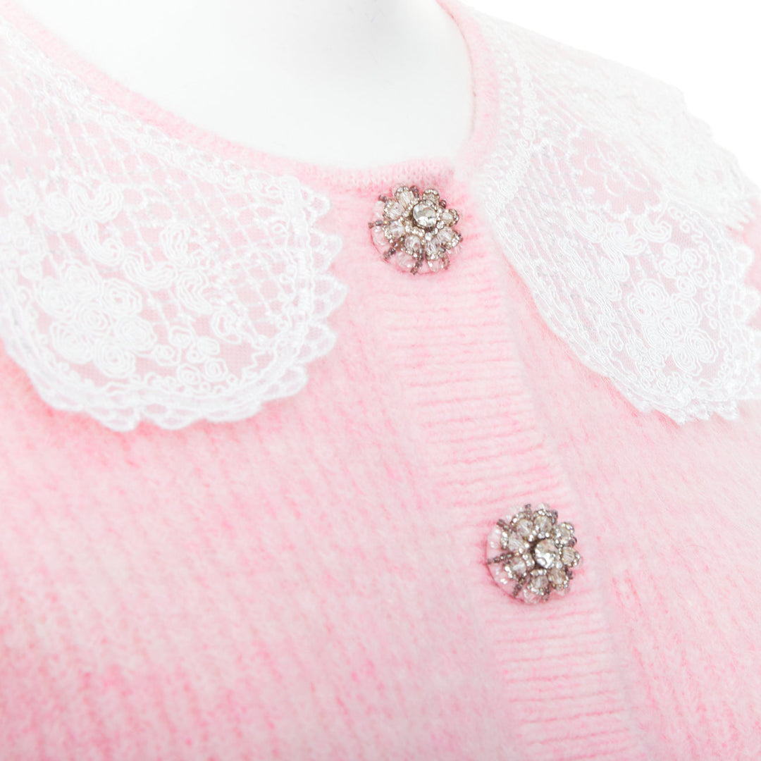 SELF PORTRAIT AW24 lace collar crystal button cropped mohair cardigan S