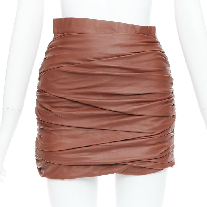 ZEYNEP ARCAY brown lambskin gathered ruched silk lined mini skirt FR34 XS