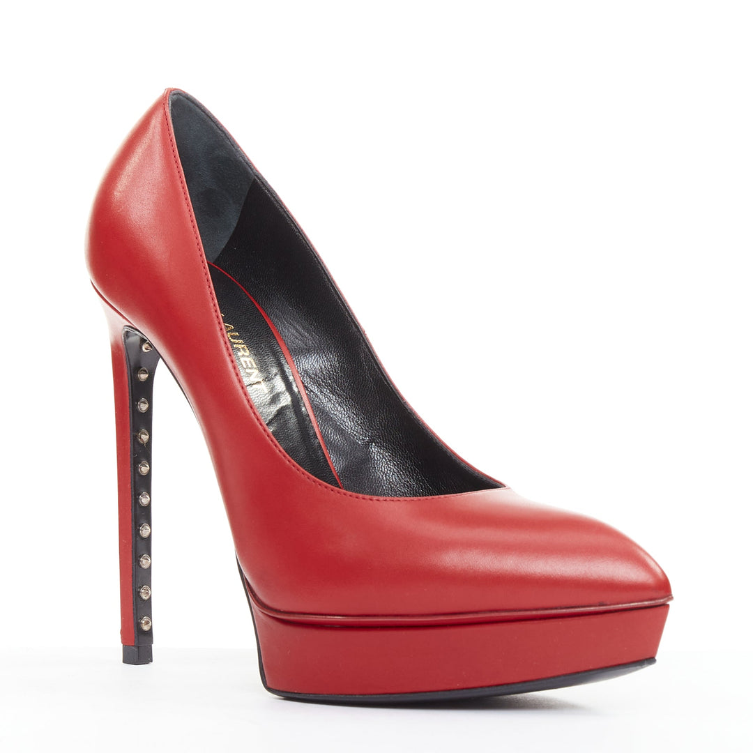 SAINT LAURENT Janis Rouge Oriente red leather studded heel platform pumps EU37.5