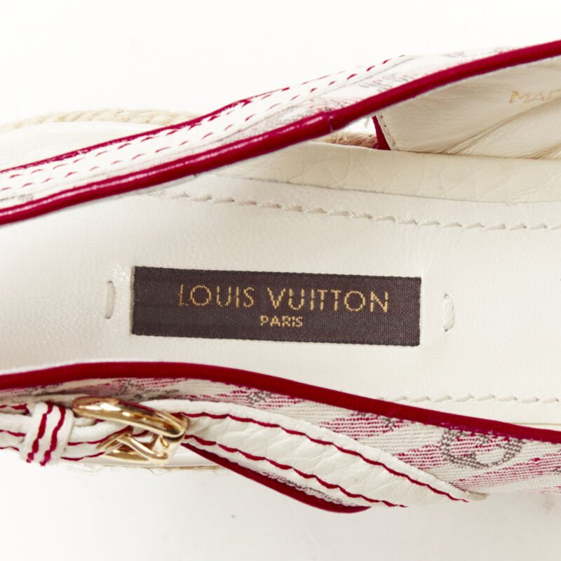 LOUIS VUITTON pink beige striped monogram jute espadrille wedge platform EU36.5